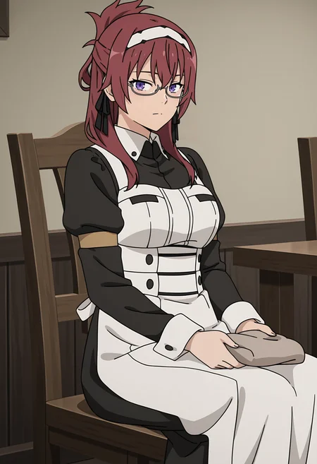 <lora:Lilia GREYRAT_illustrious-000054:1>,1girl,
Lilia GREYRAT,solo,maid,glasses,sitting,maid headdress,apron,breasts,maid apron,dress,holding,closed mouth,chair,looking at viewer,anime screencap