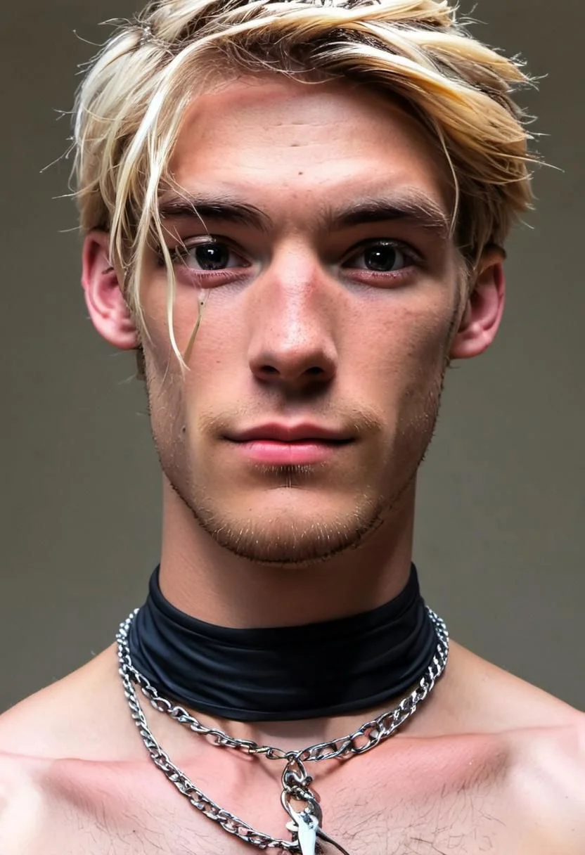 kyle ross, male focus, a handsome 18yo platinum blonde twink, close up of face, face focus, dynamic posture, dramatic angle, camera angle from below, shirtless, stubble, hands on hip, black dog collar, black neck collar, long chain necklace, kinky,
skinny muscled, slender muscled, skinny, slender features, narrow shoulders, detailed armband tattoo, cute face, boyish face, perfect biceps, bicep veins, bulging veins, defined veins, great pecs, thin waist, angular face, strong and powerful, sporty, predatory look, feathered hair, long hair, shoulder length hair, great detail, satisfaction, blue eyes, bubble butt, small ass, small butt, tight shorts, 
(Masterpiece, high quality:1.3), masterpiece, depth of field, bokeh, detailed, homoerotic, (homoerotic), highly detailed, sharp focus, intricate, smooth, elegant, fantasy, cinematic lighting, cinematic, masterpiece, matte, photorealistic, 4k, beautiful, volumetric lighting, dramatic, photo-realistic, life-like, high detail, lighting, 8Knematic lighting, 8K, contrast lighting, contrasting lighting, cinematic lighting,
