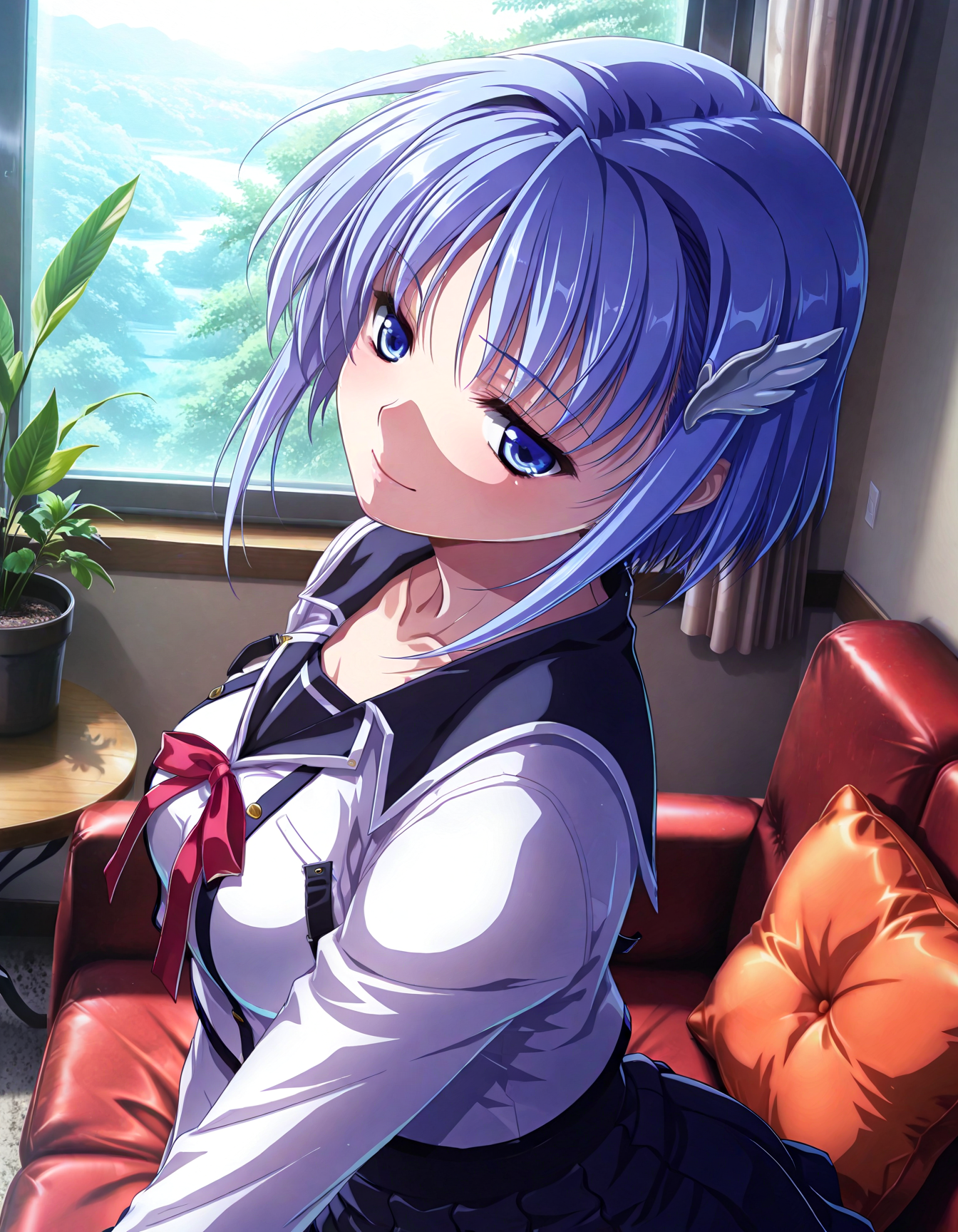 (1girl, solo:1.3), (2girls, 3girls, 4girls, multiple girls, 2boys, 3boys, 4boys, multiple boys:-1.5) <lora:Kajio_Honoka_Denshanai_de_Now_Illustrious:0.9>, kajio_honoka, medium breasts, blue eyes, blue hair, short hair, bangs, sidelocks, hair ornament, school uniform, serafuku, red ribbon, black skirt, pleated skirt, light smile, (half-closed eyes:0.7), general, contrapposto, dynamic pose, , upper body, from side, from above, dutch angle, indoors, living room, couch, cushion, round table, window, outdoor view, curtains, (green theme:1.2), plant, potted plant, flower, (perspective:0.7), <lora:NOOB_EPSv1_1_detailer_by_vlnvk_v1_0:1.5>, (photo background:0.7), day, (tachibana yuu:0.6), inue shinsuke, (kazuma muramasa:0.0), saikawa yusa, (aoi manabu:0.6), abarerumidori, (suzui narumi:0.6), masterpiece, newest, absurdres, 8K, anime screenshot, anime coloring, flat color, official art, film grain, <lora:illustriousXLv01_stabilizer_v1.185c:0.7>, <lora:LECO_Solo:-4.0>,