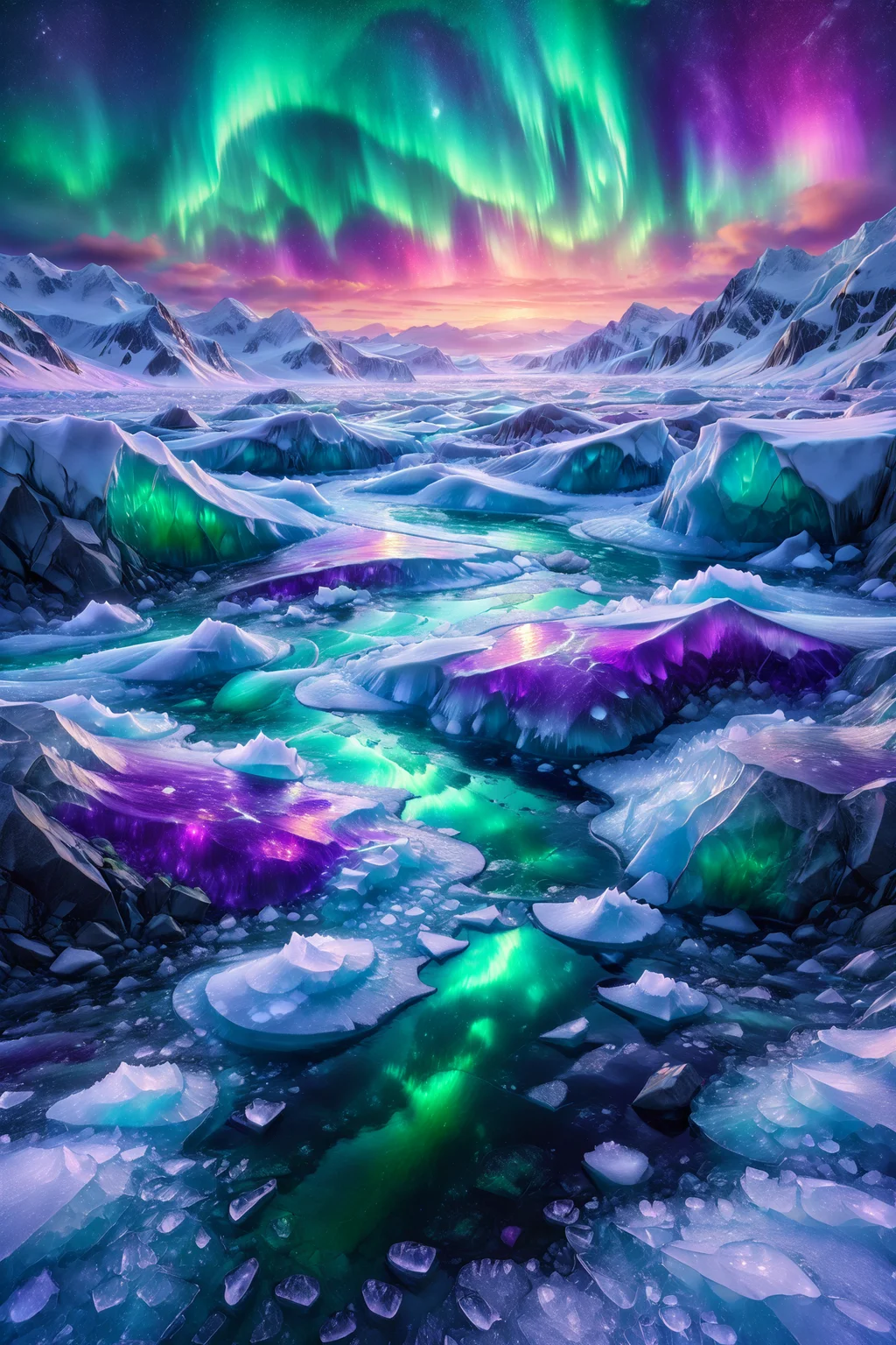 frozen tundra with icy glow, morph-aurora, frozen shore with icy waves, detailed background, best quality, vibrant colors, photorealistic style, high detail, hyper-realistic, highres, 4K resolution, realistic photo, masterpiece, ultra-detailed, aurora hues, vibrant greens and purples, ethereal glow, dynamic angle, wide shot, <lora:add-detail-xl:1> <lora:aurora_0_100_V1-000009:0.65>