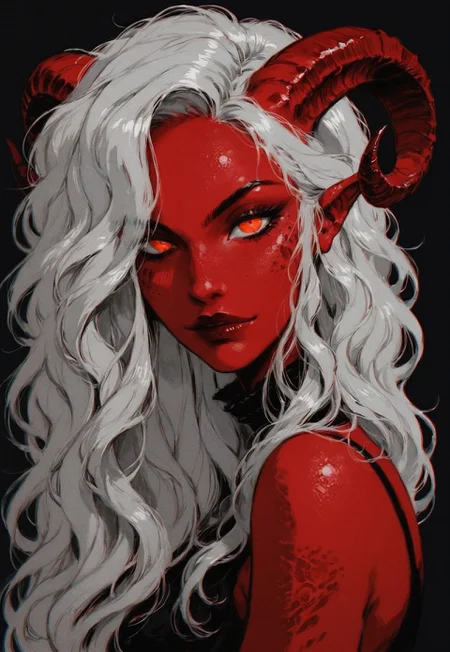 score_9,score_8_up,score_7_up,1girl,solo,flowing hair,glowing red eyes,curved ram horns,sharp ears,red skin,demoness,cradling a black sheep,stark white background,limited red palette,monochromatic,eerie atmosphere,big butt,booty,bubble butt,seductive,halftone effect,makeup,eyeliner,eyeshadow,dark background,neon,contour light,dynamic scene,detailed,masterpiece,wide angle,thighs,