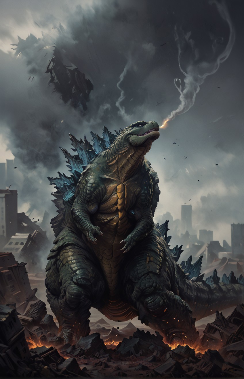 score_9, score_8_up, score_7_up, solo, ocm, ocm, traditional media, oil painting from side, 1man, giant dinosaur reptilian monster Godzilla, spines, feral, realistic scales, detailed scale texture, solo, outdoors, rubble and debris, smoke plume in the background, small city debris in the background, solo, full body, solo, extremely detailed,
