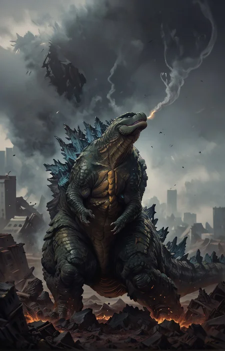 score_9, score_8_up, score_7_up, solo, ocm, ocm, traditional media, oil painting from side, 1man, giant dinosaur reptilian monster Godzilla, spines, feral, realistic scales, detailed scale texture, solo, outdoors, rubble and debris, smoke plume in the background, small city debris in the background, solo, full body, solo, extremely detailed,