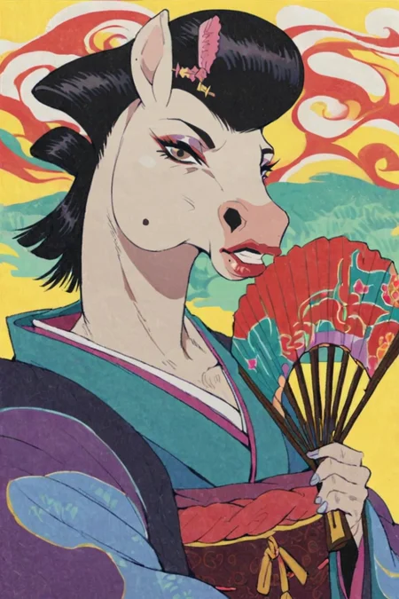 score_9, score_8_up, score_7_up, mononoke, equid, equine, horse, furry, anthro, female, solo, japanese clothes, black hair, 1girl, hand fan, makeup, kimono, lipstick, mole, mole under eye, holding, folding fan, looking at viewer