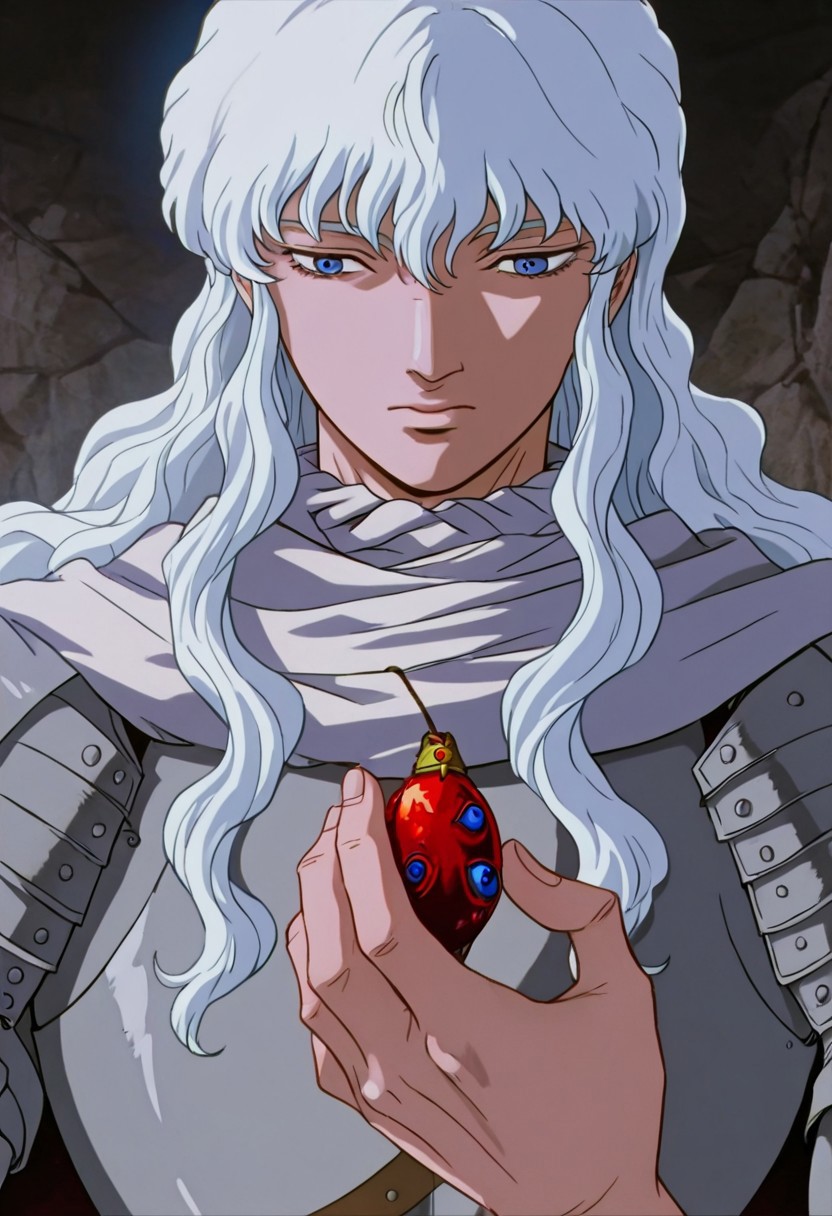 masterpiece, best quality, newest, absurdres, highres, 
berserk,
BBH/EOK-V1.0-base, behelit, jewelry,  holding jewelry, holding, holding behelit, BBH/EOK-V1.0-awoken,
BREAK
1boy, griffith_(berserk), armor, long hair, blue eyes, wavy hair, white hair,