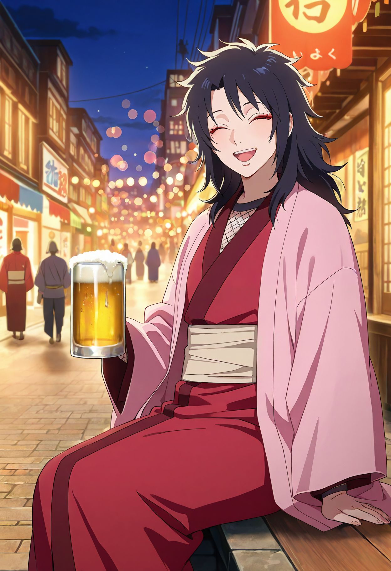 <lora:yuuhi_kurenai_v1b_pny:1> yuuhi_kurenai, solo, 1girl, black hair, long hair, red eyes, japanese clothes, red kimono, pink haori, beige obi, fishnet top, old woman, looking at viewer, smile, open mouth, closed eyes, sitting, holding beer, beer mug, night, outdoors, street, city lights, bokeh, street vendor, source_anime