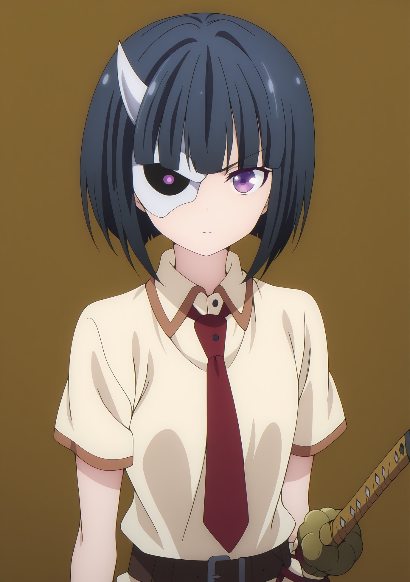 detailed background, official style,anime coloring, (anime screencap) masterpiece, detailed face,1girl<lora:Rin_Onigawara__:1> Rin_Onigawara, solo, black hair, necktie, half-mask, purple eyes, short hair, sword, weapon, belt, horns, short sleeves, single horn, shirt, closed mouth, looking at viewer, bangs, collared shirt, blunt bangs, sheath, red necktie, brown background, sheathed, simple background, brown belt