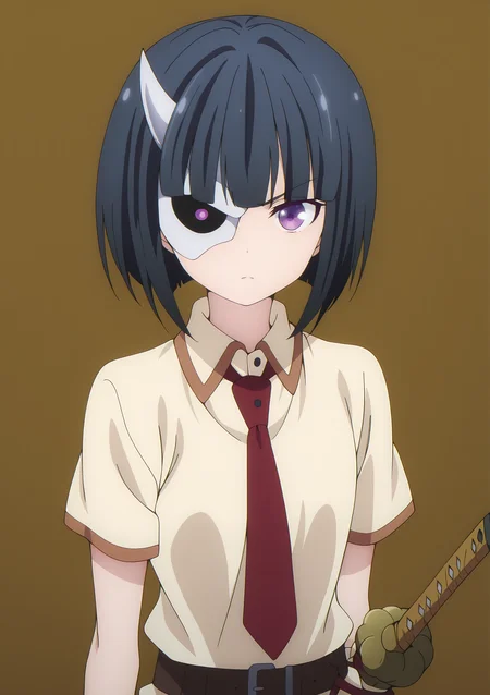 detailed background, official style,anime coloring, (anime screencap) masterpiece, detailed face,1girl<lora:Rin_Onigawara__:1> Rin_Onigawara, solo, black hair, necktie, half-mask, purple eyes, short hair, sword, weapon, belt, horns, short sleeves, single horn, shirt, closed mouth, looking at viewer, bangs, collared shirt, blunt bangs, sheath, red necktie, brown background, sheathed, simple background, brown belt