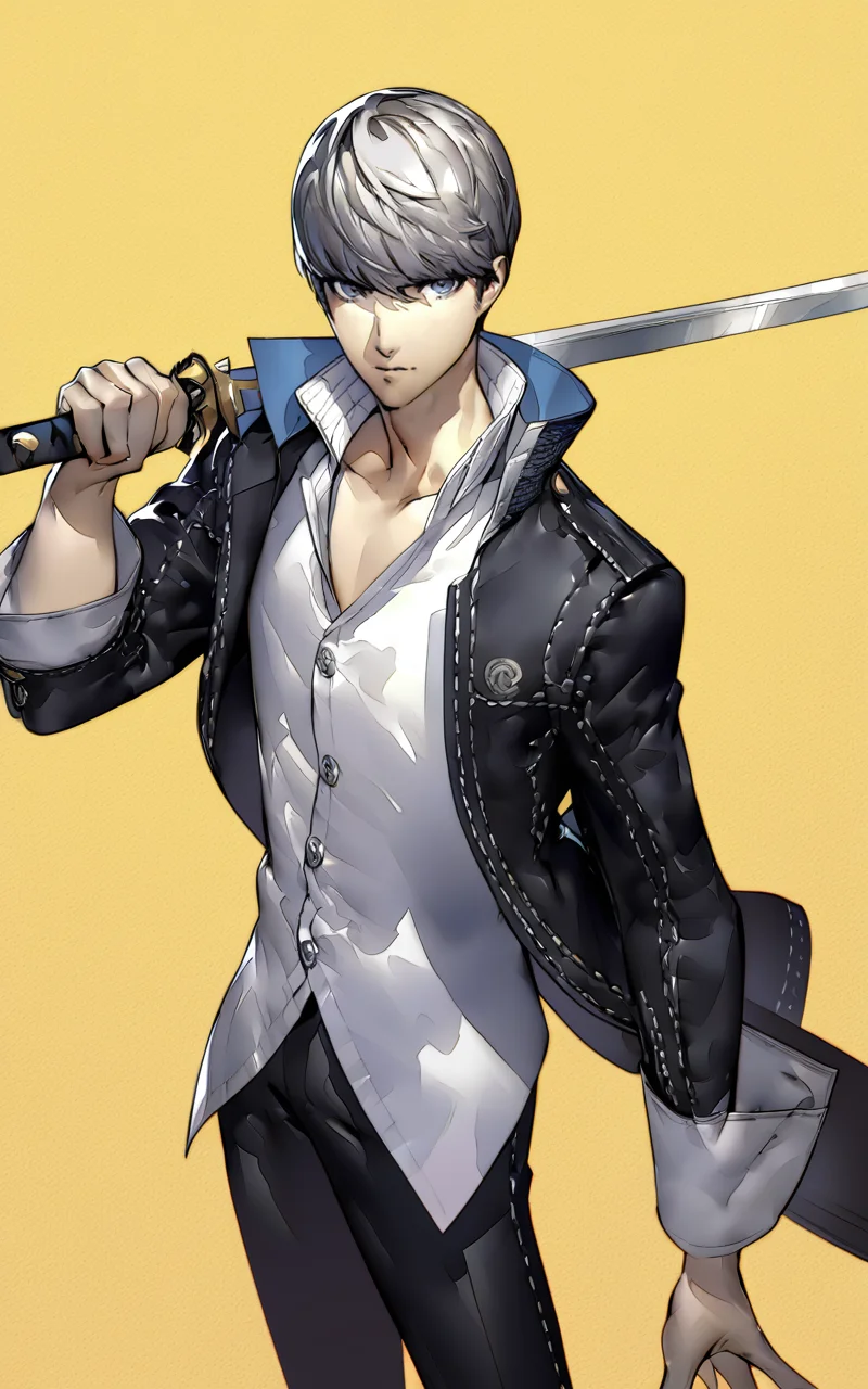1boy, narukami yuu, holding sword, yellow background, persona, soejima shigenori, masterpiece, best quality, absurdres <lora:persona_xl_delta_rev1_2:1>