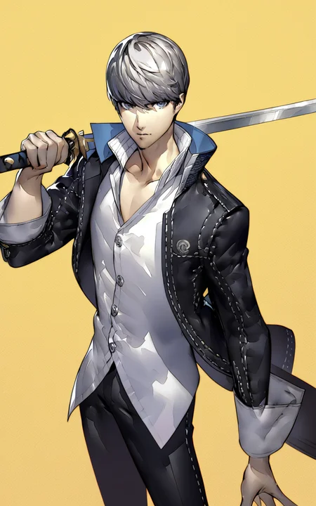1boy, narukami yuu, holding sword, yellow background, persona, soejima shigenori, masterpiece, best quality, absurdres <lora:persona_xl_delta_rev1_2:1>
