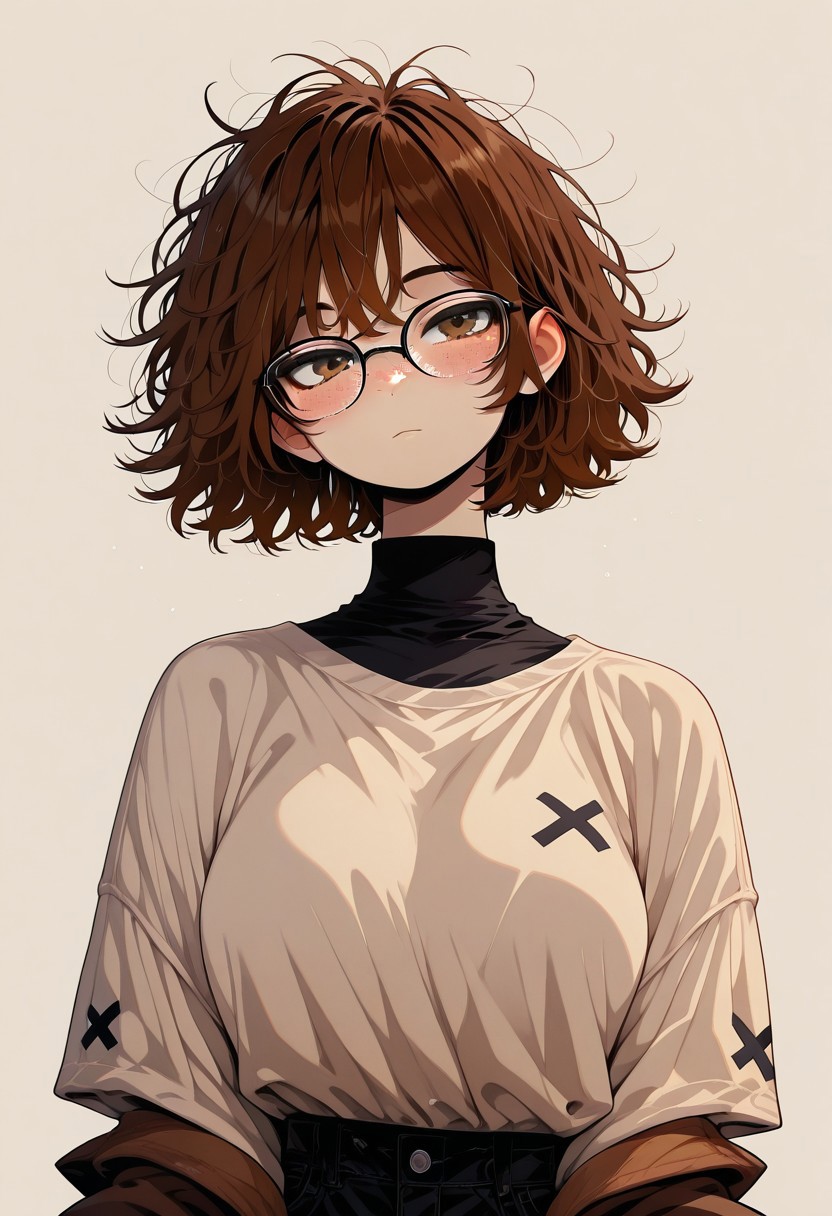 masterpiece, best quality, very aesthetic, absurdres, neo_pop ,1girl, brown hair, short hair, glasses, freckles, blush, messy hair