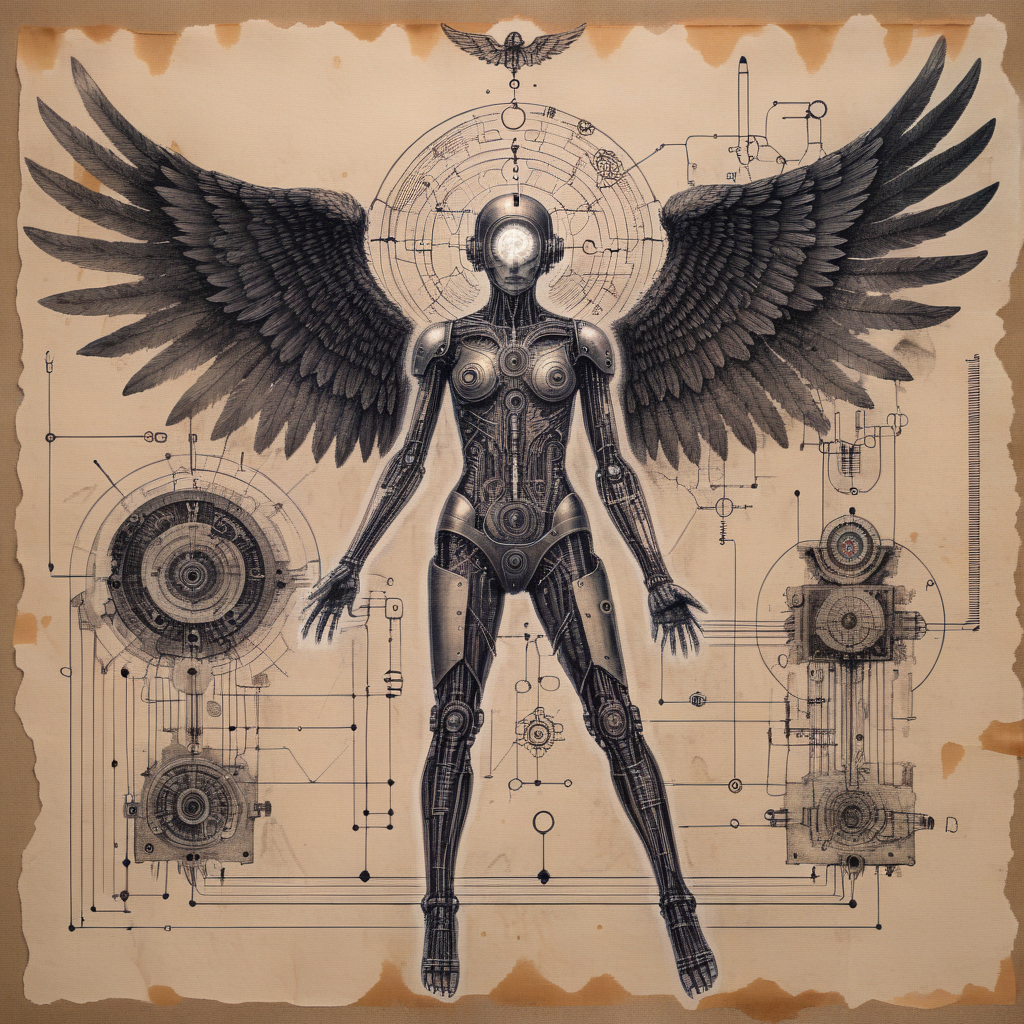 ampereart ink drawing, Fallen dark angel cyborg, mystically, electrical diagrams, on old paper <lora:ampereart:0.9>