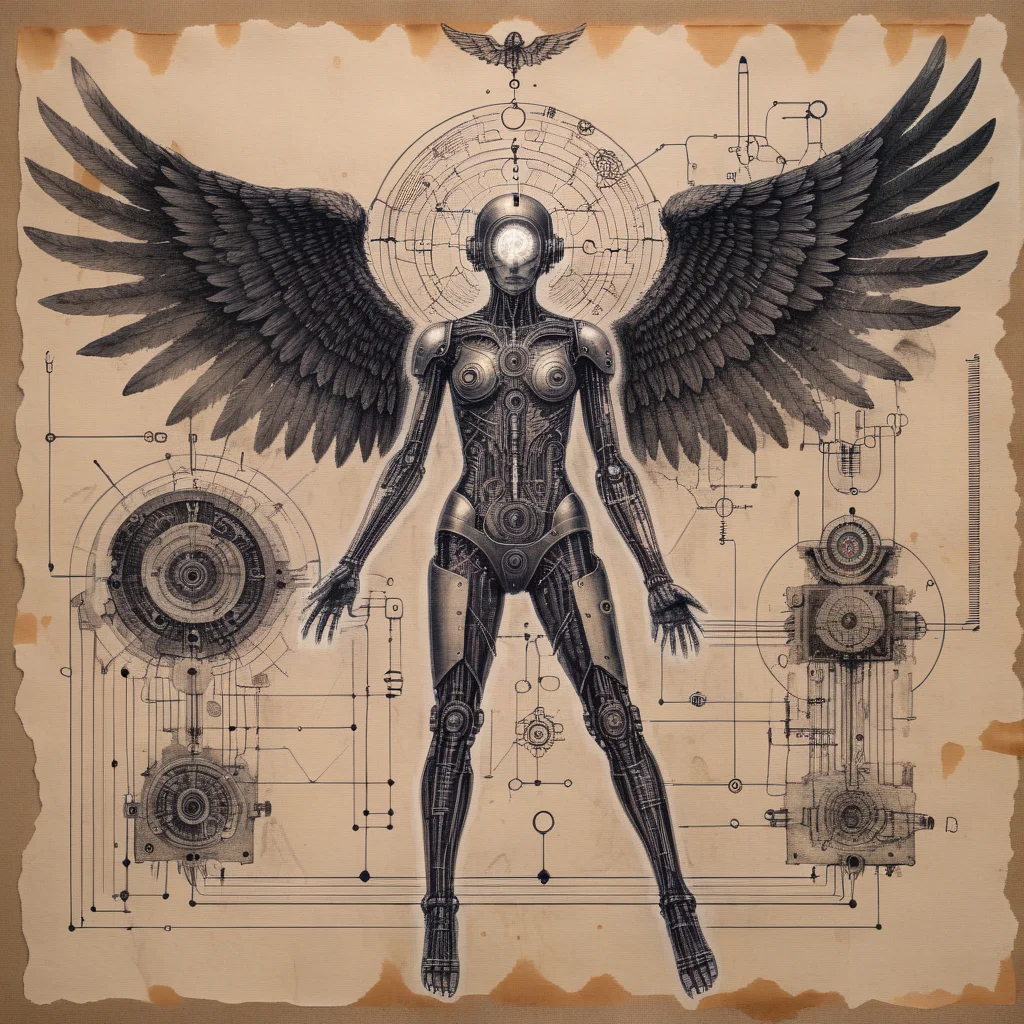 ampereart ink drawing, Fallen dark angel cyborg, mystically, electrical diagrams, on old paper <lora:ampereart:0.9>