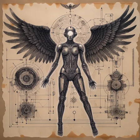 ampereart ink drawing, Fallen dark angel cyborg, mystically, electrical diagrams, on old paper <lora:ampereart:0.9>