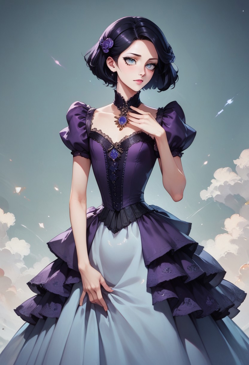 score_9, score_8_up, score_7_up, 1boy, femboy, otoko no ko, short hair, bob cut hair, black hair, grey eyes, gray eyes, feminine face, toned body, Shelly, purple victorian dress, black lace, layered dress, bustle, satin, highly detailed, intricate, zzCitronCAT, pose, modelshoot