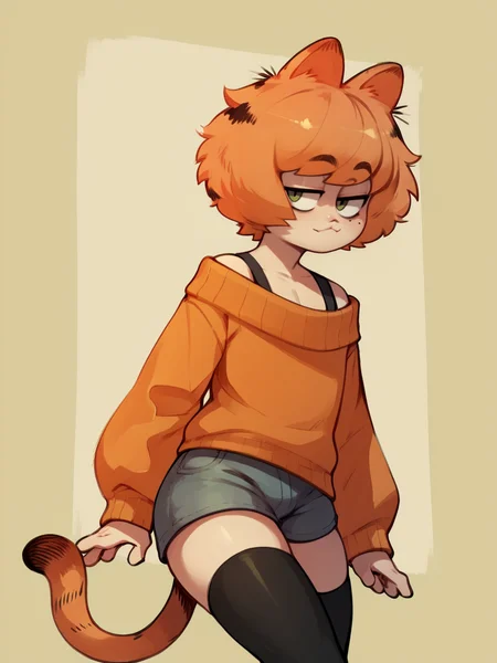 score_9, score_8_up, score_7_up, score_6_up, score_5_up, <lora:garfieldXLP:1> garfield, animal ears, solo, 1boy, tail, sweater, orange hair, short hair, thighhighs, shorts