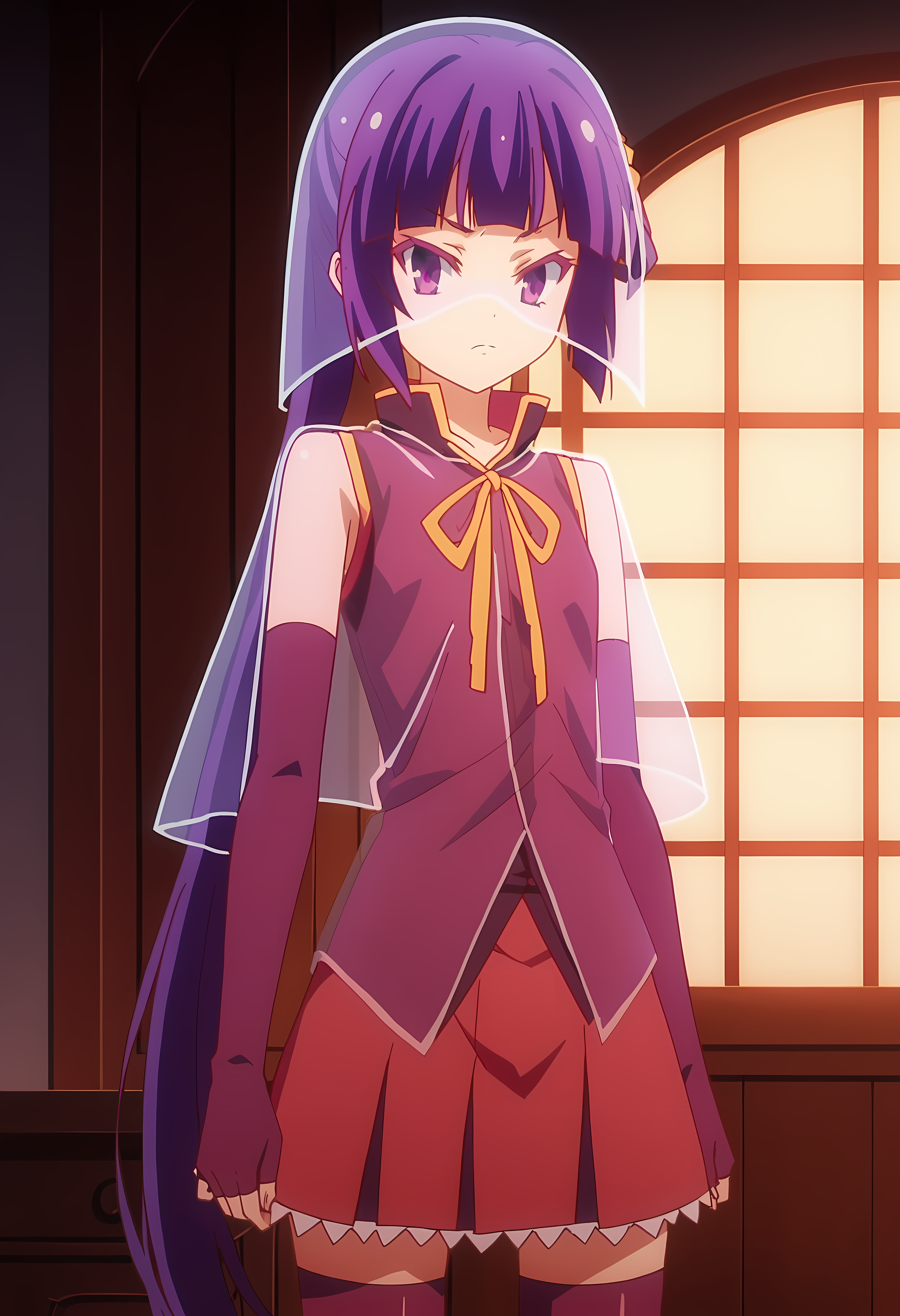 score_9, score_8_up, score_7_up, source_anime, 2d,
Chlammy Zell, 1girl, purple hair, long side strand, purple eyes, small breasts, purple shirt, purple gloves, yellow ribbon, black undershirt, red skirt, purple pantyhose, veil,
anime coloring, anime screencap, detailed eyes, zPDXL, perfect faces, uncensored, rating_explicit,  <lora:chlammy_zell_1-000035:1>
portrait, room,