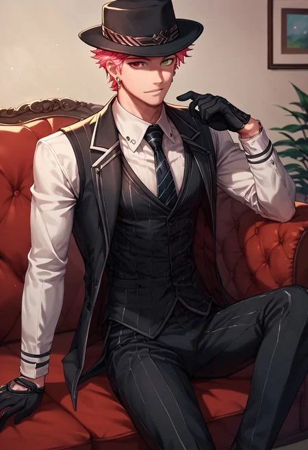 rinotuna, score_9, score_8_up, score_7_up, hskayn, solo, looking at viewer, short hair, red eyes, 1boy, jewelry, green eyes, pink hair, male focus, earrings, heterochromia, pectorals, mafi4, necktie, gloves, suit, fedora, white shirt, black vest, black pants, sitting, indoors, upper body, sofa, night, open eyes slightly, zPDXL