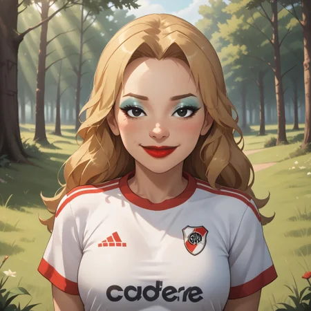 score_9, score_8, BREAK, solo, wii, mii, wii sports, 1girl, female mii, cute, blonde hair, brown eyebrows, makeup, blush, blue eyeshadow, red lips, lipstick, RiverPlate, striped shirt, striped, shirt, white shirt, short sleeves, clothes writing, sportswear, soccer uniform, breasts, nintendo mii, modern_mii, classic_mii, Tomoyo_(OC_Mii), black eyes, adult female, mature female, sexy pose, self portrait, smile, looking at viewer, outdoors, sunlight, shadows, evening lighting, natural lighting, forest, trees, grass, orange sky, sunset