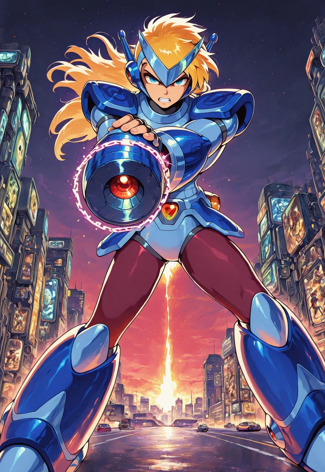 masterpiece, best quality, amazing quality, cephalbioreilxl, 1boy, male focus, toned male, blue eyes, wavy long hair, blonde hair, blue circlet, blue pauldrons, blue breastplate, elbow length vambraces, blue faulds, maroon pants, thighhigh greaves, fingerless gloves, glowing chains, FMIXF, vibrant details, sshdw, detailed shading, hued shading, (mega man x:1.4), android, robot, holding own arm, (arm cannon:1.4), night time, cityscape, futuristic, sci-fi, highway, >:(, angry, clenched teeth, looking at viewer, aiming,