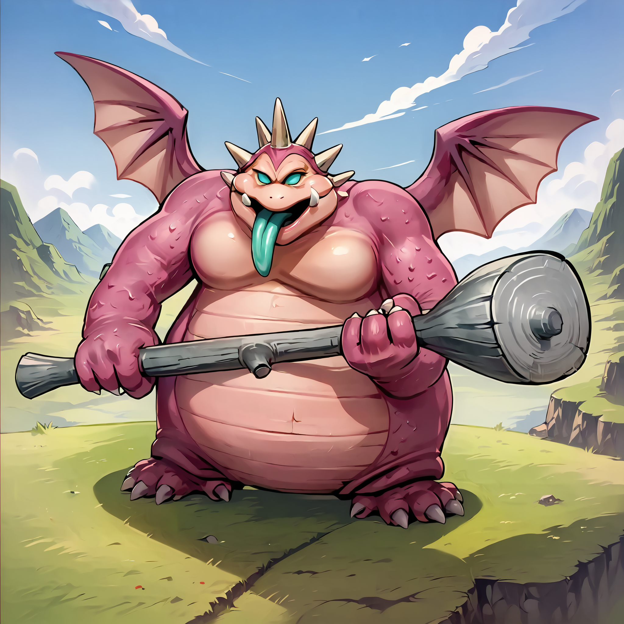 score_9,score_8_up,score_7_up,super detailed,extreme detailed,full_body,zPDXL,source anime,nature,field BREAK no humans,<lora:Pony_DetailV2.0:1> BREAK night clubber (dq),hammer,holding hammer,horns,tongue,tongue out,wings,<lora:night clubber (dq):1>,