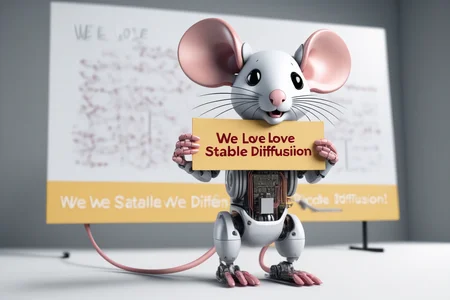 mouse robot holding a massive sign that says "We love stable diffusion!" circuits