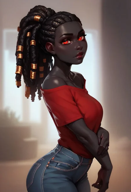 (((beautiful, high quality))), score_9, score_8_up, score_7_up,
looking at the viewer, posing,
BikupanStyle, 1girl, black skin, black dreadlocks, red eyes, red shirt, jeans,
blurred background,