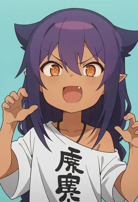 score_9, score_8_up, score_8, source_anime, 1girl, <lora:Jahy:0.85> solo, chibi, dark skin, dark-skinned female, long hair, hair between eyes, purple hair, pointy ears, shirt, white shirt, clothes writing, oversized clothes, open mouth, laugh, single fang, upper body,
light blue background, simple background,