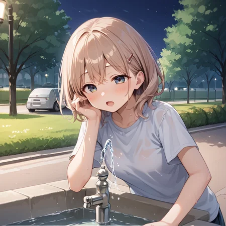 score 9,score_8_up,score_7_up,park,1girl,woman 
 <lora:drinking_fountain:0.8> drinking_fountain ,drink_water,  open mouth, faucet,
BREAK outdoors, park, night time, sweaty,