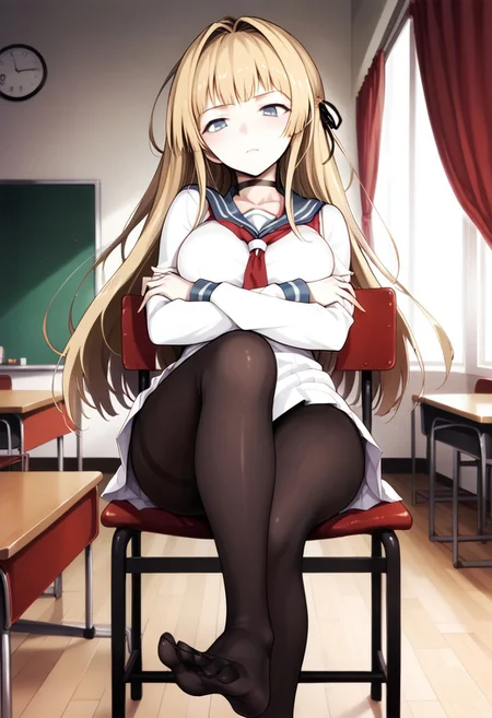 score_9,score_8_up,score_7_up,source_anime, Shino Tsurushiro,1girl,solo,breasts,looking at viewer,ribbon,sitting,school uniforme,hair ribbon,pantyhose,serafuku,choker,feet,legs,toes,chair,no shoes,soles,crossed arms,crossed legs