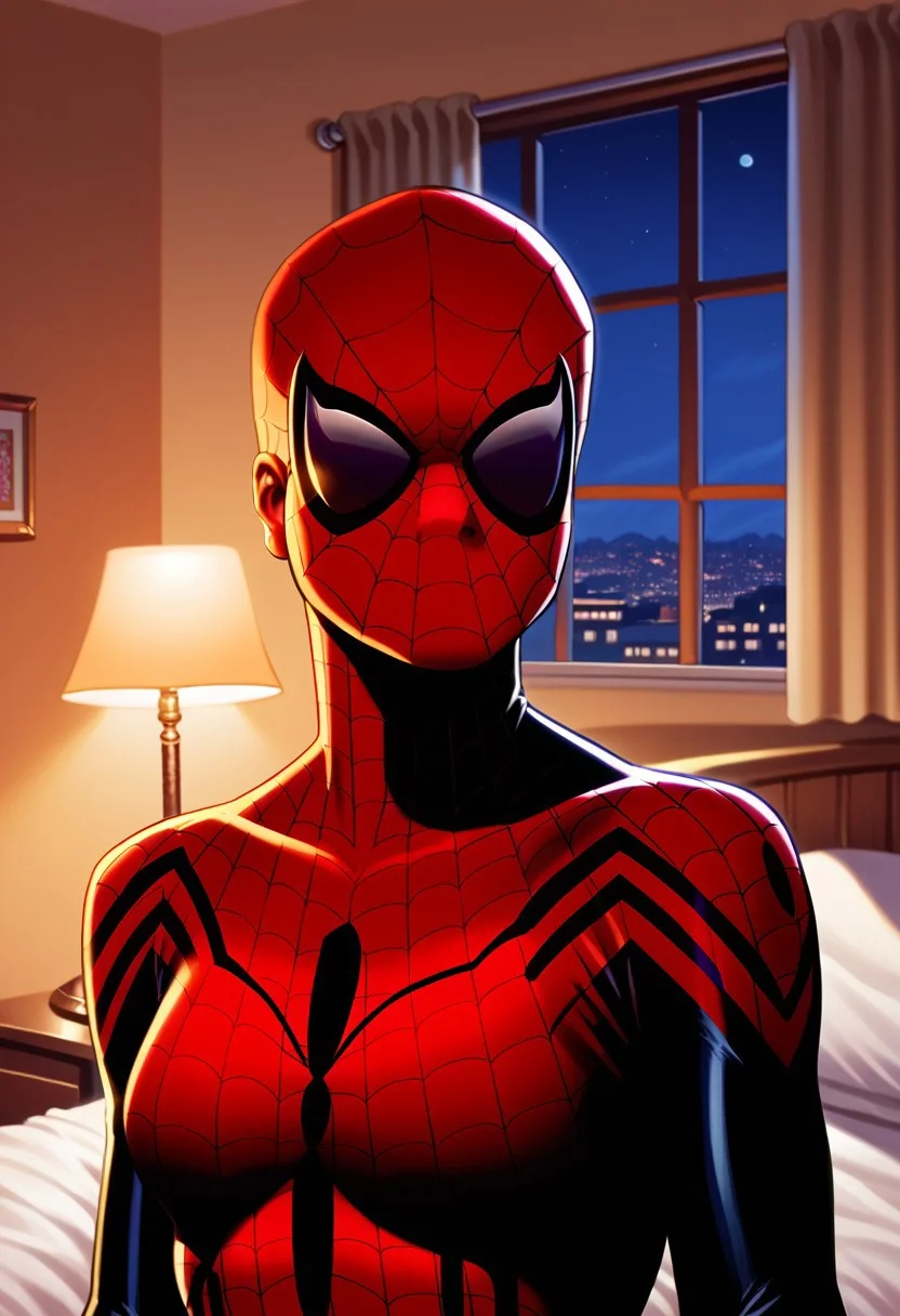 score_8, score_8_up, score_7_up, 1girl, female focus, solo, brooks_style, SGMC2, mask, bodysuit, print body suit, spider web print, bracers, gloves, superhero, upper body, indoors, bedroom, bed, nightstand, lamp, window, night,