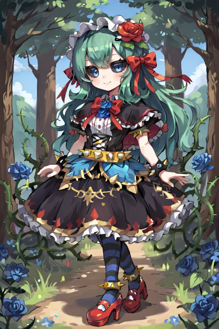 score_9, score_8_up, score_7_up, source anime, BREAK, <lora:Tora:0.80> , tordef, 1girl, solo, long hair, green hair, colored sclera, black sclera, blue eyes, flower, hair flower, blue rose, blue flower, bow, red bow, hair ornament, red ribbon, hair bow, hair ribbon, capelet, frilled capelet, cross-laced clothes, bowtie, red bowtie, hairband, frilled hairband, layered dress, dress, collared dress, frilled dress, yellow armlet, spiked armlet, belt, yellow belt, spiked belt, wrist cuffs, striped, striped thighhighs, horizontal-striped thighhighs, pantyhose, anklet, yellow anklet, spiked anklet, high heels, plant, rose, thorns, vines, full body, looking at viewer, scenery, exterior, outdoors, <lora:backgroundsetXL:0.2> , background, (solo), smile, <lora:Eridoll:0.55> , ketopon