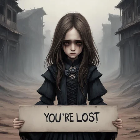 (((Ultra detailed, Megapixel)))
1girl, (((holding out a sign with a text "YOU'RE*LOST"))), by charlie bowater and dan mumford and trevor Brown, hands, terror, gloomy, dark, blank face, no face, wasteland background, no mouth, no eyes, long hair