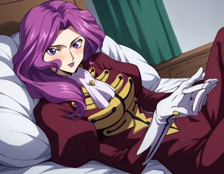 score_9, score_8_up, score_7_up, source_anime,
cornelialibritannia, <lora:cornellia-li-britannia-s1-ponyxl-lora-nochekaiser:1>
cornelia li britannia, purple eyes, purple hair,
ascot, gloves, juliet sleeves, lipstick, long sleeves, makeup, pants, puffy sleeves, purple lips, red pants, red shirt, shirt, white ascot, white gloves,
indoors, bed, bed room, on side, blush, drunk,
looking at viewer, dutch angle, cowboy shot, solo,