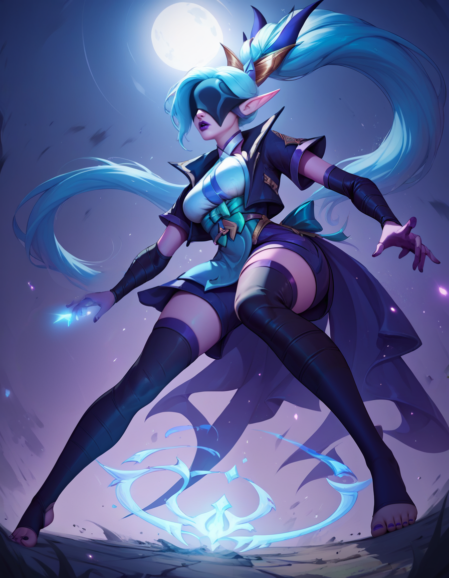 score_9, score_8_up, score_7_up,score_6_up, score_5_up, score_4_up ,1girl, solo, 
large breasts, 
SBVayneDG,
sbvayneDG,
long hair, elf, purple lips,  blue hair, hair ornament, ponytail, 
toeless legwear,covered eyes,  thighhighs, open jacket, short sleeves, elbow gloves, 
battle, fighting stance, 
glowing, light particles, night, 
from below, 
 <lora:SB Vayne PonyXL:1>