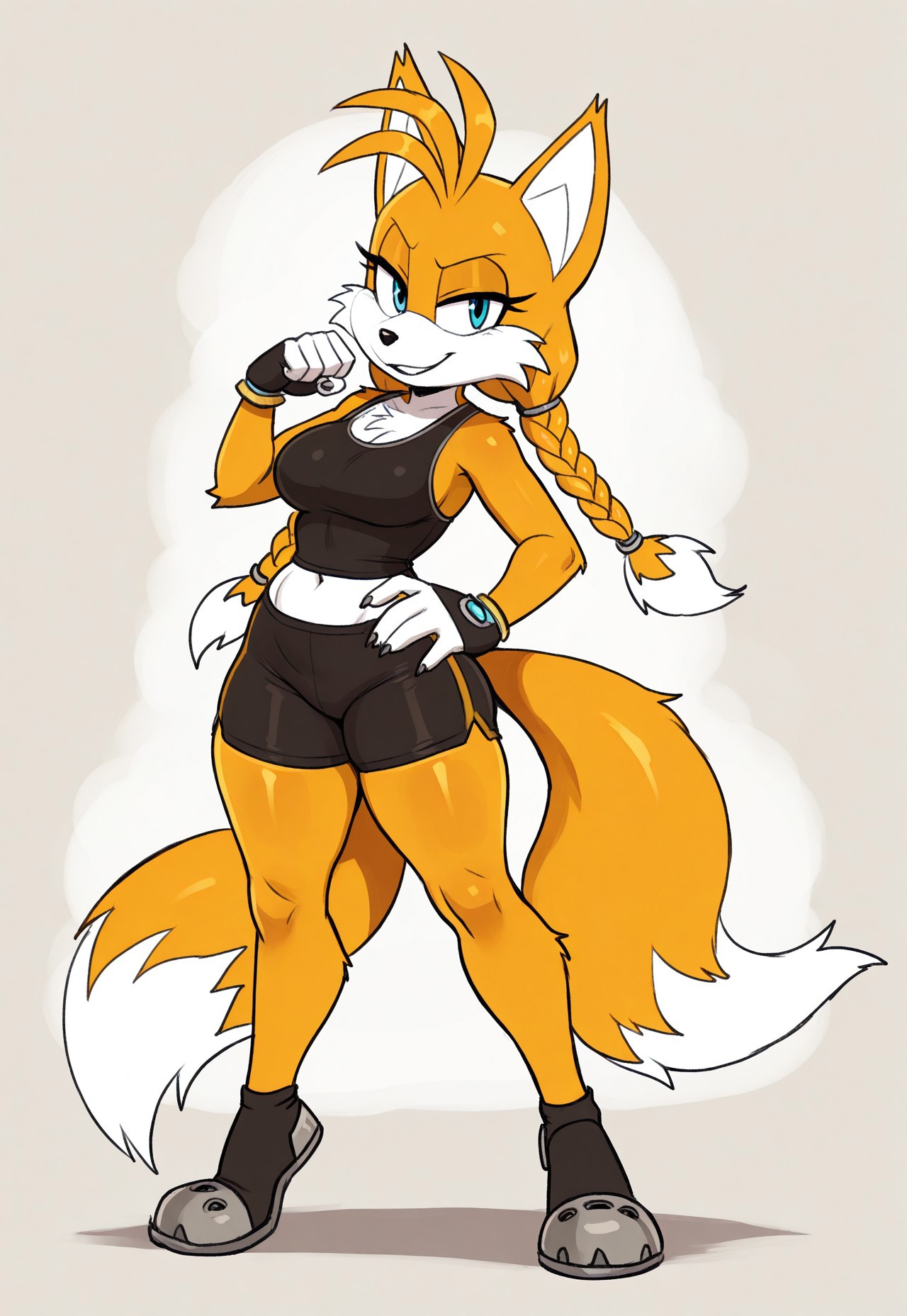 female, furry, 1girl, tanktopg, tails nine sonic prime, sonic style, twin braided hair, ,hand on hip,, standing, sexy pose, claws, side view, tiptoes, orange fur(extra thicc thighs), , shorts,  tank top