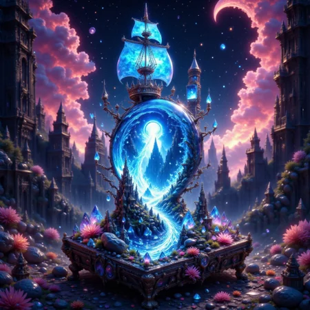 bo-exposure, pinketherealmj, a crystal ball showing A beautiful magical ocean inside, with a fleet of fantasy style mini viking ships. The crystal ball is floating inside a colorful cosmic storm on space, magical glow, internal glow, magic, fantasy, glowing, colorful,