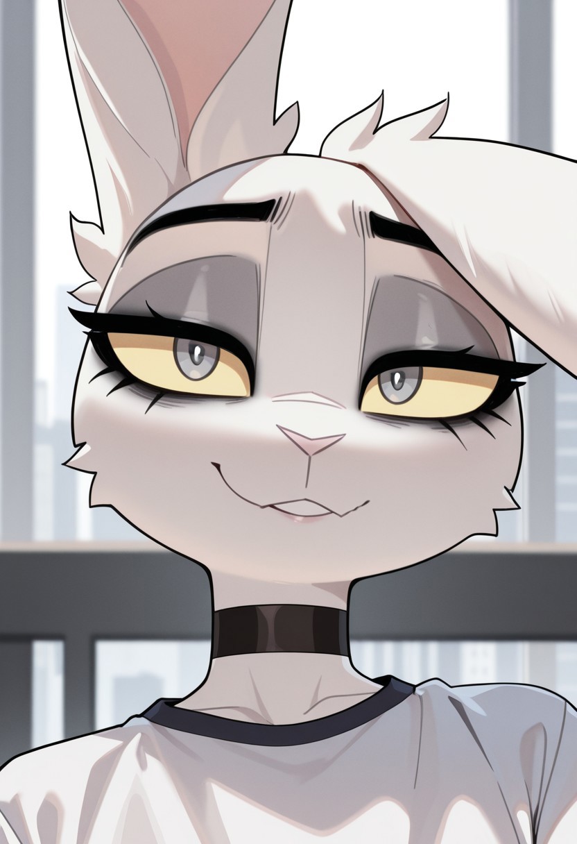 masterpiece, best quality, newest, highres,very aesthetic, absurdes, detailed eyes, beautiful, detailed background, perfect eyes, texi, 1boy, furry male, yellow_sclera, gray eyes, rabbit boy, otoko_no_ko, makeup, solo