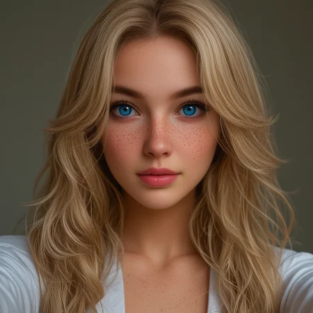 best, masterpiece, Domi with wavy blonde hair and blue eyes, extreme closeup, exotic colorful makeup, model face, model pose, selfie, highly detailed skin texture, freckles, highly detailed photo, professional photograph, dynamic lighting