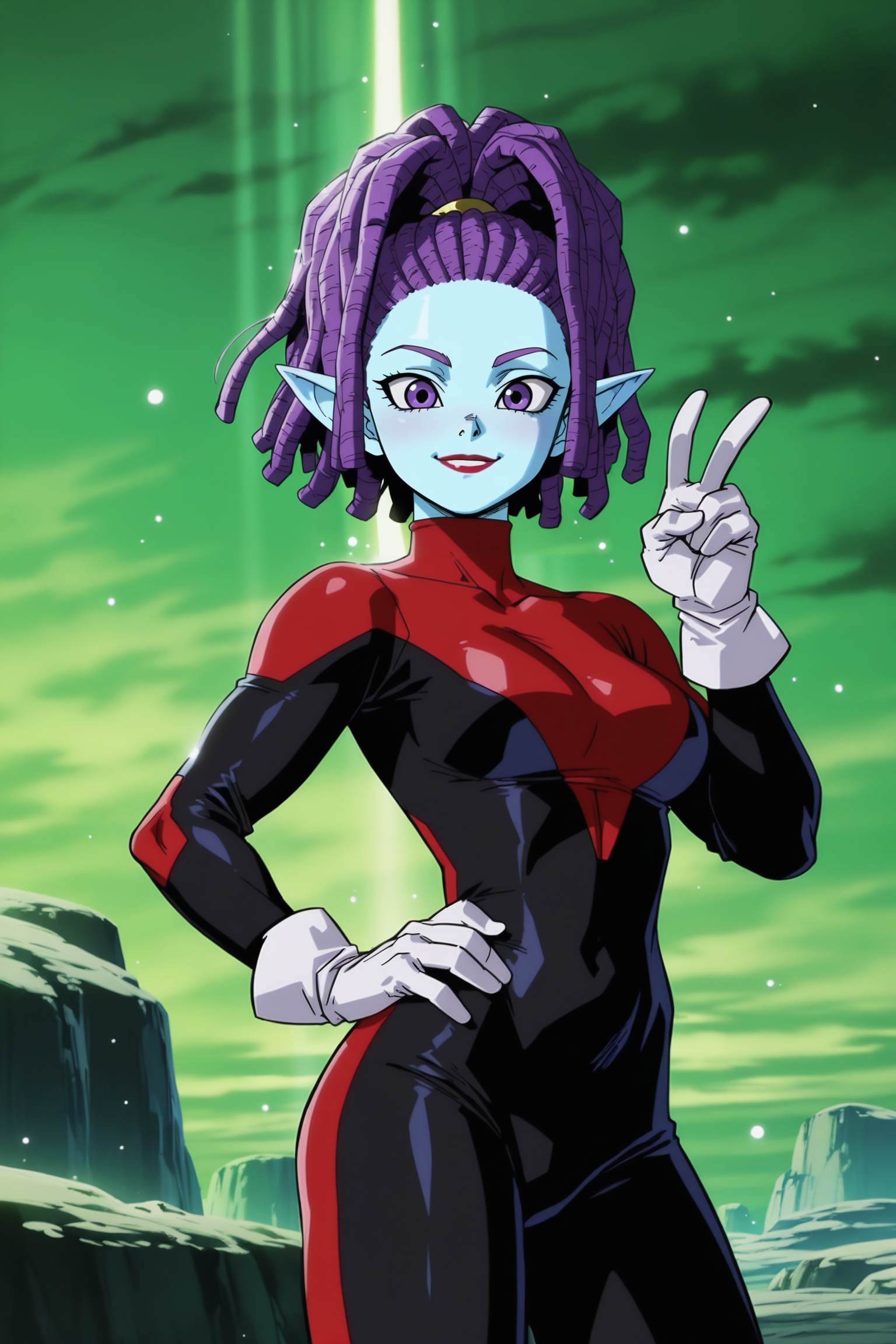 anime screencap, masterpiece, best quality, amazing quality, very aesthetic, absurdres,  newest, (scenery, volumetric lighting), official style, dappled moonlight, light particles, light rays,
1girl, solo, 
mackidbs, red lips, purple eyes, purple hair,  pointy ears,  blue skin,  alien, dreadlocks, 
pride trooper outfit, turtleneck, two tone bodysuit, black bodysuit, red print bodysuit, white gloves,
cowboy shot, v, smile, looking at viewer, hand on own hip, green sky, rock,
 <lora:DBS_Girls_Pack_2_IL:0.8>