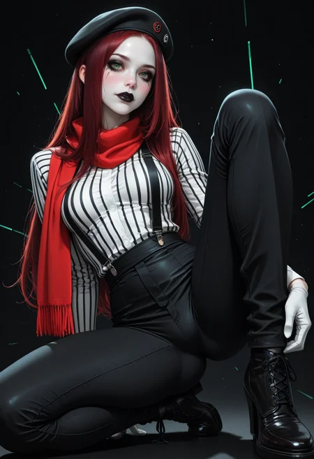 8K, depth of field, dynamic angle, sexy pose, best quality, detailed eyes, perfect eyes, realistic eyes, dark red hair, straight hair, long hair, green eyes, (black eyeliner), soft blush, slender body, mime girl, white gloves, (white skin:1.2), black lip makeup, beret, black shoes, red scarves, small ass, small breast, realistic breast, black and white horizontal striped shirt,long sleeved, black pants, black suspenders, BREAK, one_knee_up, front view, looking at viewer, movie perspective, black background, abstract background, (neon lines), dynamic light, <lora:MoriiMee_Gothic_Niji_Style_Illustrious_r1:0.5> artist:moriimee, <lora:PowerPuffMixLora:0.5>, <lora:Detailer_NoobAI_Incrs_v1:0.6> detailed,