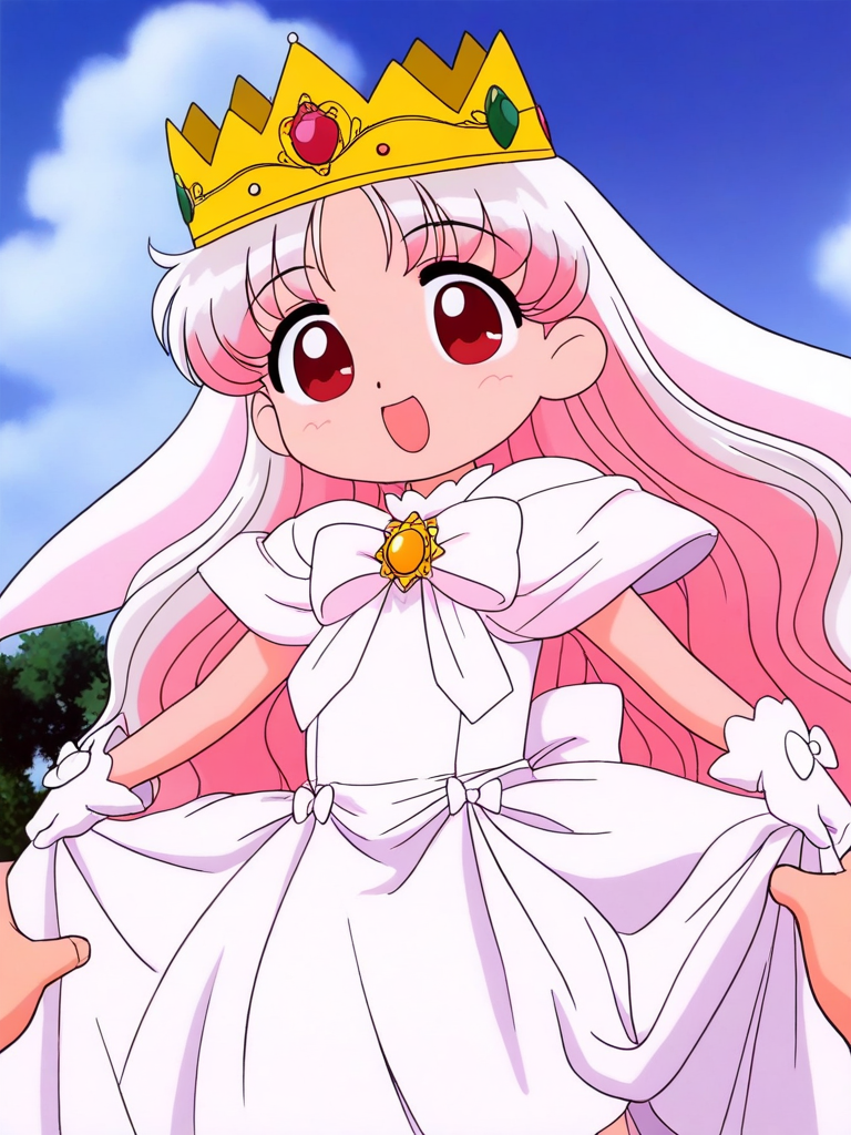 general,highres, ultra-detailed,very aesthetic,best quality ,best hands, BREAK <lora:Princess_Silver_Crayon_Oukoku_Ver2.0_IS:1>
Silver_Oujo(Crayon_Oukoku), 1girl, solo, long hair, white hair, pink hair, red eyes,
dress, smile, gloves, long hair, 1girl, red eyes, open mouth, white dress, white gloves, pink hair, crown, bow, :d, white bow, skirt hold, looking at viewer, solo focus, tiara,