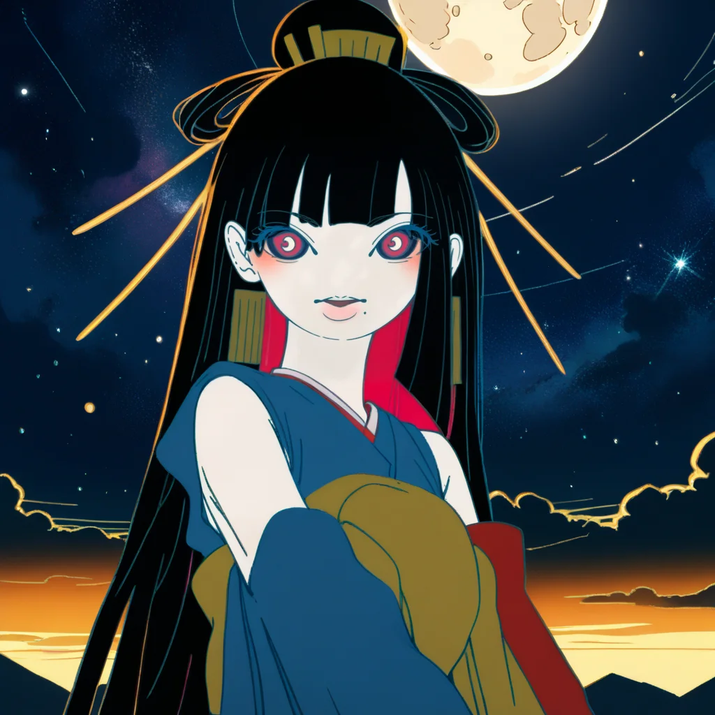 space, score_9, score_8_up, score_7_up, score_6_up, score_5_up BREAK t1u5, 1girl, mole under mouth, colored sclera, pink eyes, symbol-shaped pupils, long hair, black hair, blue kimono, sleeveless, earrings, hair stick, hime cut, sidelocks, hair ornament, colored inner hair, yellow obi, red sleeves, detached sleeves, cowboy shot, pale skin, looking at viewer, solo, <lora:tukiGirlPDXL32v0.93tx1:1.1>, magical, wandering and imaginary world, neon light art, in the dark of night, moonlit seas, clouds, moon, stars, colorful, detailed, storybook illustration, night, moonlight