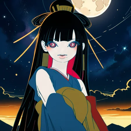 space, score_9, score_8_up, score_7_up, score_6_up, score_5_up BREAK t1u5, 1girl, mole under mouth, colored sclera, pink eyes, symbol-shaped pupils, long hair, black hair, blue kimono, sleeveless, earrings, hair stick, hime cut, sidelocks, hair ornament, colored inner hair, yellow obi, red sleeves, detached sleeves, cowboy shot, pale skin, looking at viewer, solo, <lora:tukiGirlPDXL32v0.93tx1:1.1>, magical, wandering and imaginary world, neon light art, in the dark of night, moonlit seas, clouds, moon, stars, colorful, detailed, storybook illustration, night, moonlight