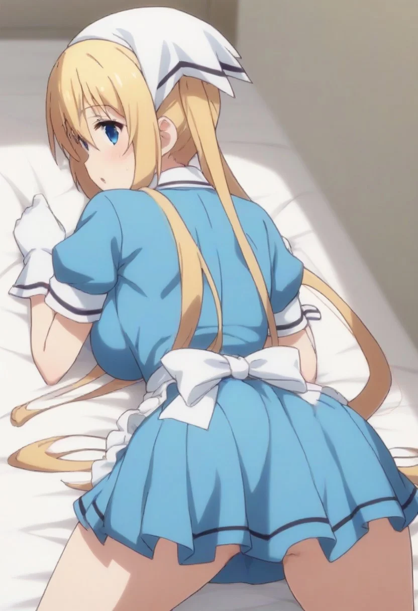 score_9, score_8_up, score_7_up, spread legs dakimakura, kaho hinata BREAK (source_anime:1.2), best quality, masterpiece, ultra detailed, from behind, 1girl, solo, kaho hinata, blonde hair, blue eyes, hair between eyes, long hair, sidelocks, twintails, large breasts, apron, blue shirt, blue skirt, frilled apron, frills, gloves, head scarf, shirt, short sleeves, skirt, uniform, waist apron, waitress, white apron, white gloves