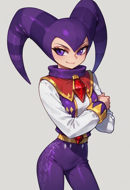 score_9, score_8_up, score_7_up, score_6_up, Nights, jester hat, purple eyes, 1girl, simple background, background, huge figure, hand behind back, pants ornamebt, arms crossed on chest,
