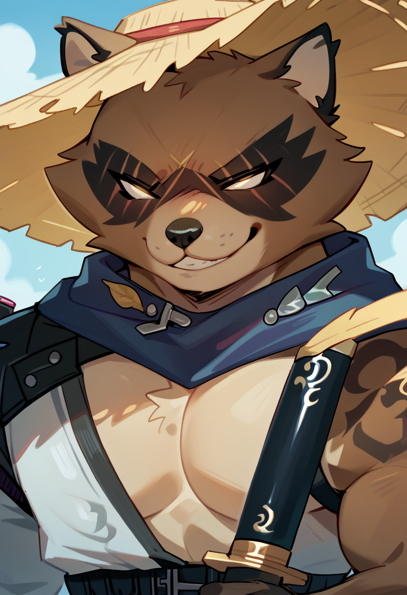 score_9, score_8_up, score_7_up, hi res, high quality, h4j1me, fortnite, furry, 1boy, solo, smug, bara, straw hat, seductive, holding katana, <lora:Hajime_Fortnite:1>