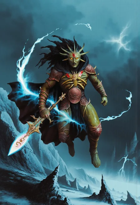 b3rs3rk macro lens d4concept pov, 3D01S, simple background d4artstyle atmospheric and powerful MikeFranchinastyle dark fantasy, natural organic and first person pov of a berserk style creature in the Tsutomu Nihei style
Fierce goblinoid warrior-mage, sickly yellow-green skin, sharp angular features, long pointed ears. Piercing amber eyes with otherworldly glow, wild dark hair with braids and feathers. Muscular build, battle-scarred body. Intricate armor with swirling patterns, red gemstones, and bone accents. Segmented plates transition between polished metal and rough-hewn scales. Fur-trimmed cloak billowing dramatically. Dual-wielding: curved blade crackling with blue energy in one hand, ornate staff pulsing with arcane light in the other. Mystical runes etched into weapons and armor, glowing faintly. Posed mid-leap on craggy terrain, kicking up snow and ice shards. Ethereal magic swirling around figure, creating ghostly afterimages. Background: stormy sky with lightning, jagged ice formations. Hyper-detailed textures: rough leather, polished metal, coarse fur, weathered bone. Dramatic lighting: harsh shadows, cool blue highlights, warm amber undertones. Photorealistic rendering with fantasy elements, cinematic composition. Style blend: dark fantasy meets tribal shaman aesthetic.
UHD letterboxed game trailer frame chromatic aberration dark atmosphere sharp masterpiece with a focus on the character, elden ring style, dark atmosphere,