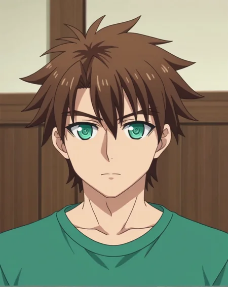 score_9, score_8_up, source_anime, anime screencap, original style, depth of field, BREAK, rating_safe, 1boy, solo, male focus, mature male,<lora:toujou_basara_pony:1>, toujou_basara_pony, brown hair, green eyes, short hair, hair between eyes, bangs, cowboy shot, expresionless, standing, green shirt, looking at viewer, facing viewer, <lora:sdxl_lightning_8step_lora:1>
