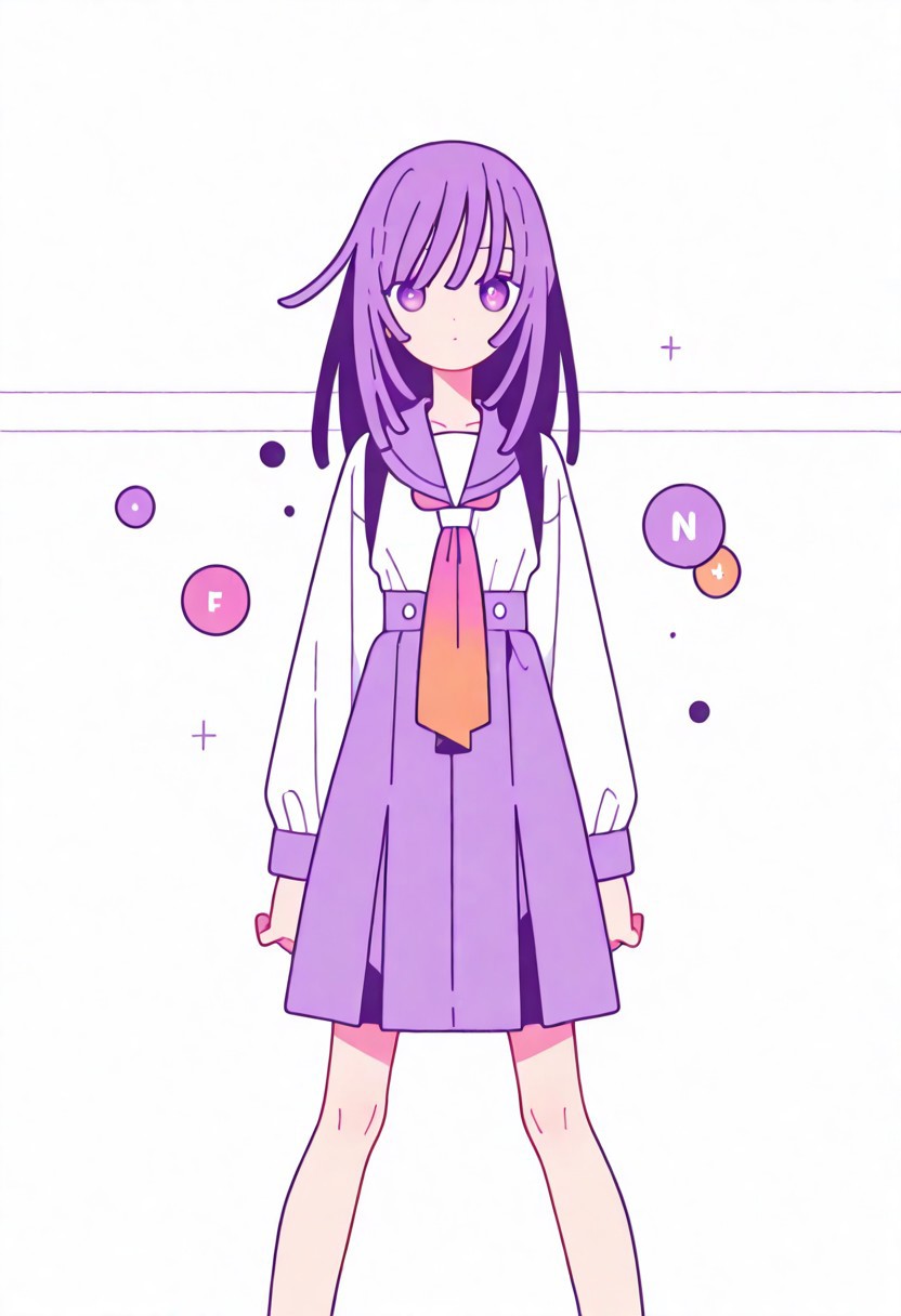 Flatline, Flat vector illustration, looking at viewer, full_body, 
nadeko, long hair, long bangs, school_uniform, sailor, 
slim, slender, knees, 
from front, front view, straight-on, look at viewer, standing, (legs apart:1.4), 
white background,